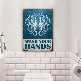 Metal Sign- Octopus Wash Your Hands Blue Theme Rectangle Metal Sign - Thegiftio UK