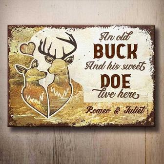 Metal Sign- Old Buck And Sweet Doe Live Here Heart Deer Rectangle Metal Sign Custom Name - Thegiftio UK