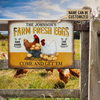 Metal Sign- Orange And White Chicken Farm Fresh Eggs Yellow Rectangle Metal Sign Custom Name - Thegiftio UK