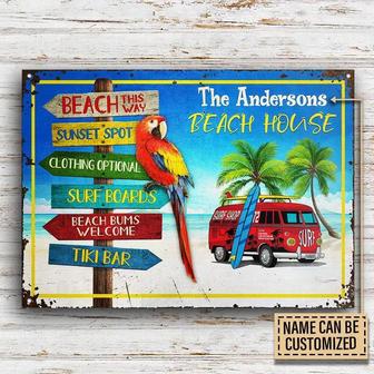 Metal Sign- Parrot With Red Bus Beach Surfing This Way Rectangle Metal Sign Custom Name - Thegiftio UK