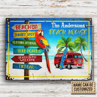 Metal Sign- Parrot With Red Bus Beach Surfing This Way Rectangle Metal Sign Custom Name - Thegiftio UK