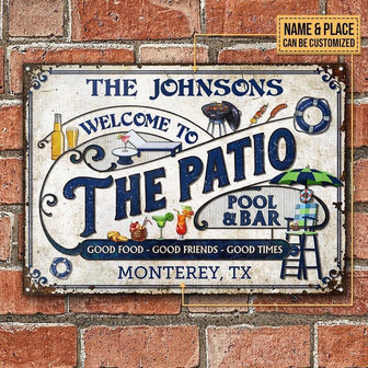 Metal Sign- The Patio Pool And Bar Blue Rectangle Metal Sign Custom Name Place - Thegiftio UK