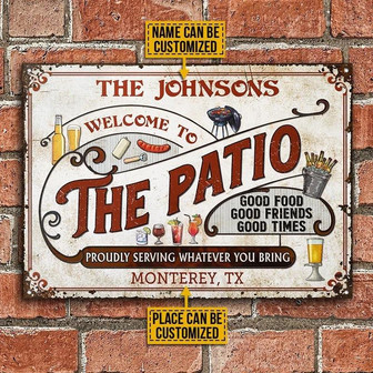 Metal Sign- The Patio Red Text Good Times Rectangle Metal Sign Custom Name Place - Thegiftio UK