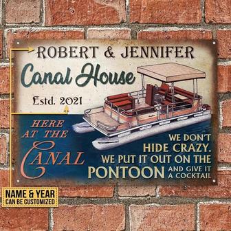 Metal Sign- Pink Pontoon Canal House Blue Rectangle Metal Sign Custom Name Year - Thegiftio UK