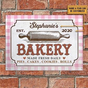 Metal Sign- Pink And White Checked Bakery Fresh Daily Rectangle Metal Sign Custom Name Year - Thegiftio UK