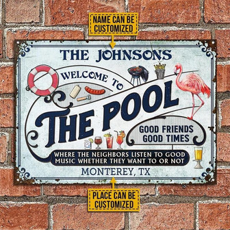 Metal Sign- The Pool Cool Flamingo Blue Rectangle Metal Sign Custom Name Place - Thegiftio UK