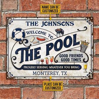 Metal Sign- Pool Grilling Blue Design Pretty Style Rectangle Metal Sign Custom Name And Place - Thegiftio UK