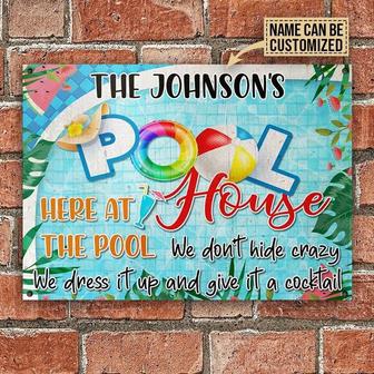 Metal Sign- Pool House Here At The Pool Vibrant Pattern Rectangle Metal Sign Custom Name - Thegiftio UK