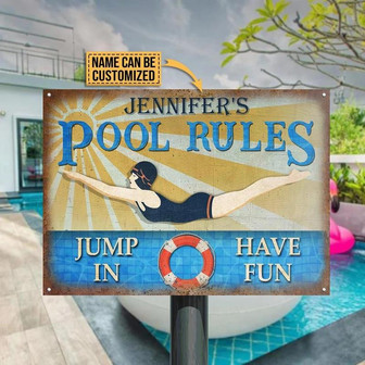 Metal Sign- Pool Rules Girl CCustom Name Rectangle Metal Sign Cute Design - Thegiftio UK