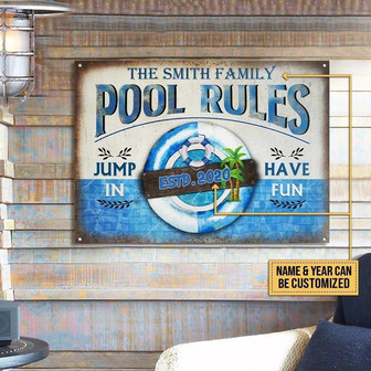 Metal Sign- Pool Rules Jump In Blue Rectangle Metal Sign Custom Name Year - Thegiftio UK