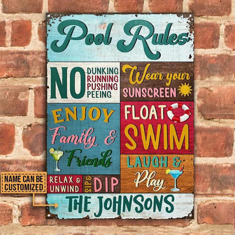 Metal Sign- Pool Rules Relax Unwind Enjoy Family And Friends Rectangle Metal Sign Custom Name - Thegiftio