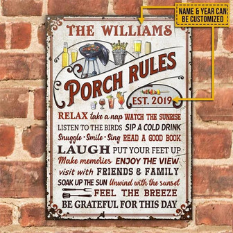 Metal Sign- Porch Rules Feel The Breeze Rectangle Metal Sign Custom Name Year - Thegiftio UK