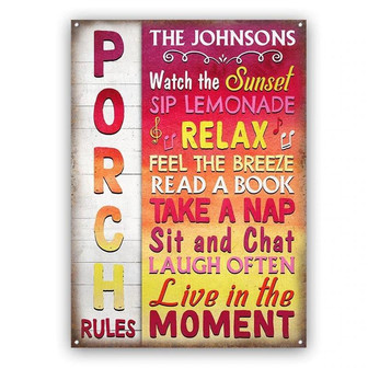 Metal Sign- Porch Rules Watch The Sunset Rectangle Metal Sign Custom Name - Thegiftio
