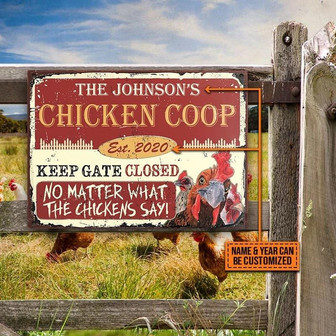 Metal Sign- Pretty Chicken Coop Keep Gate Closed Red Rectangle Metal Sign Custom Name - Thegiftio