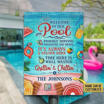 Metal Sign- Pretty Style Welcome To Our Pool Rectangle Metal Sign Custom Name - Thegiftio