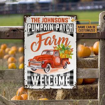 Metal Sign- Pumpkins Patch Red Car White And Black Plaid Rectangle Metal Sign Custom Name - Thegiftio UK