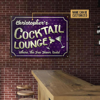 Metal Sign- Purple Theme Cocktail Lounge The Fun Never Ends Rectangle Metal Sign Custom Name - Thegiftio UK
