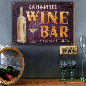 Metal Sign- Purple Design Wine Bar Sit Long Sip Low Rectangle Metal Sign Custom Name - Thegiftio