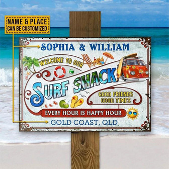 Metal Sign- Red Bus Beach Surfing Shack Rectangle Metal Sign Custom Name Place - Thegiftio UK