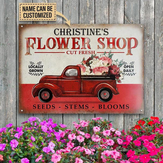 Metal Sign- Red Car Floristry Flower Shop Locally Grown Rectangle Metal Sign Custom Name - Thegiftio UK