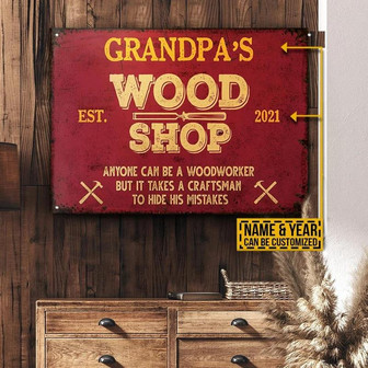 Metal Sign- Red Theme Carpenter Hide His Mistakes Rectangle Metal Sign Custom Name Year - Thegiftio UK