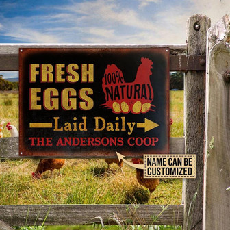 Metal Sign- Red Chicken Fresh Eggs Laid Daily Black Rectangle Metal Sign Custom Name - Thegiftio UK