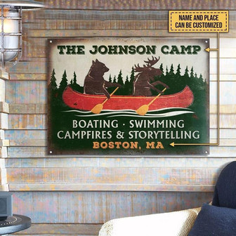 Metal Sign- Red Kayaking Camping Bear Campfire Storytelling Rectangle Metal Sign Custom Name Place - Thegiftio