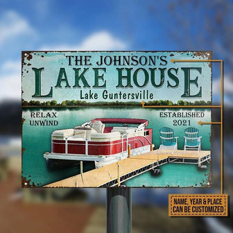 Metal Sign- Red Pontoon Lake House Relax Unwind Blue Rectangle Metal Sign Custom Name Year Place - Thegiftio UK