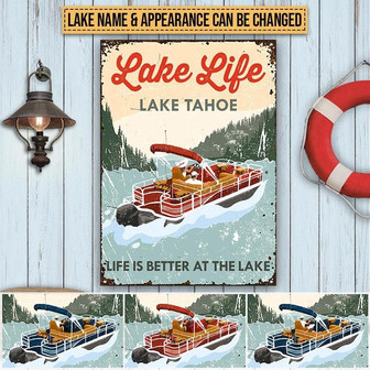 Metal Sign- Red Pontoon Lake Life Life Is Better Rectangle Metal Sign Custom Name Appearance - Thegiftio UK