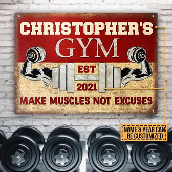 Metal Sign- Red And Yellow Pattern Gym Fitness No Excuse Rectangle Metal Sign Custom Name Year - Thegiftio