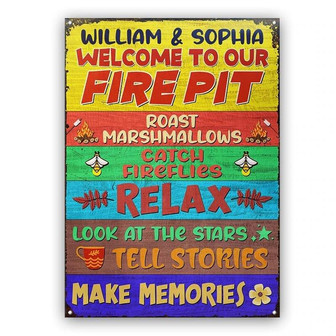 Metal Sign- Roast Marshmallows Firepit Rules Colorful Rectangle Metal Sign Custom Name - Thegiftio UK