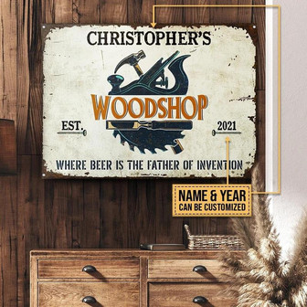 Metal Sign- Rustic Carpenter Father Of Invention Rectangle Metal Sign Custom Name Year - Thegiftio