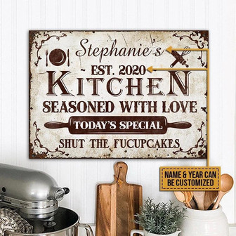 Metal Sign- Rustic Kitchen Seasoned With Love Brown And White Rectangle Metal Sign Custom Name Year - Thegiftio UK
