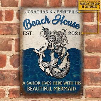 Metal Sign- Sailor Mermaid Anchor Beach House Rectangle Metal Sign Custom Name Year - Thegiftio UK