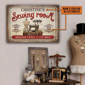 Metal Sign- Sewing Room Measure Twice Cut Once Red Rectangle Metal Sign Custom Name Year - Thegiftio UK