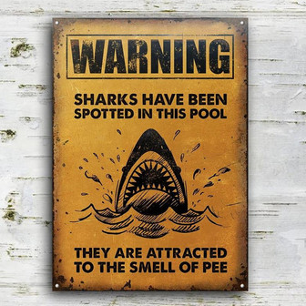 Metal Sign- Shark Warning In This Pool Yellow Rectangle Metal Sign - Thegiftio
