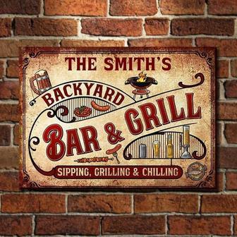 Metal Sign- Sipping Grilling And Chilling Backyard Cool Design Rectangle Metal Sign Custom Name - Thegiftio UK
