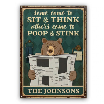 Metal Sign- Sit And Think Bear Restroom Decor Green Rectangle Metal Sign Custom Name - Thegiftio