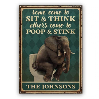 Metal Sign- Sit And Think Cute Elephant Restroom Rectangle Metal Sign Custom Name - Thegiftio UK