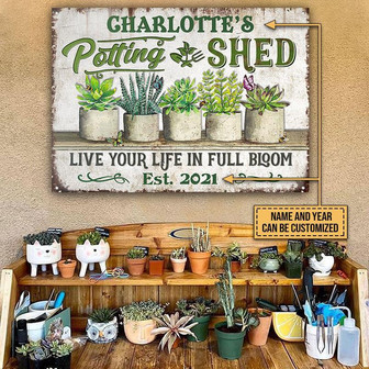 Metal Sign- Succulent Potting Shed Full Bloom White Rectangle Metal Sign Custom Name Year - Thegiftio UK