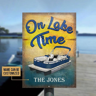 Metal Sign- Sunrise Pattern Pontoon On Lake Time Rectangle Metal Sign Custom Name - Thegiftio UK