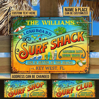Metal Sign- Surfing Beach Long Board Rectangle Metal Sign Custom Name Place Text Address - Thegiftio UK