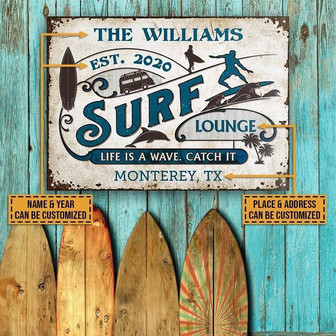 Metal Sign- Surfing Life Wave Blue Rectangle Metal Sign Custom Name Year Place Address - Thegiftio UK