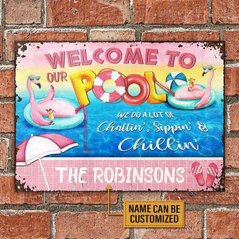 Metal Sign- Swimming Pool Flamingo Chatting Beautiful Design Rectangle Metal Sign Custom Name - Thegiftio UK