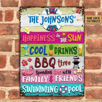 Metal Sign- Swimming Pool Flamingo Happiness In The Sun Rectangle Metal Sign Custom Name - Thegiftio UK