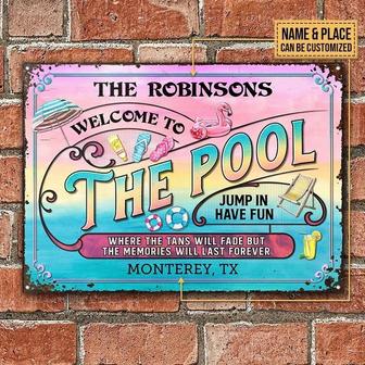 Metal Sign- Swimming Pool Jump In Have Fun Blue And Pink Rectangle Metal Sign Custom Name - Thegiftio UK