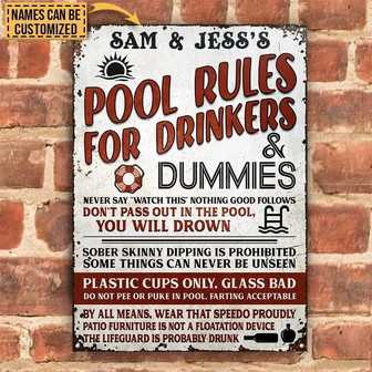 Metal Sign- Swimming Pool Rules For Drinkers Red Design Rectangle Metal Sign Custom Name - Thegiftio UK