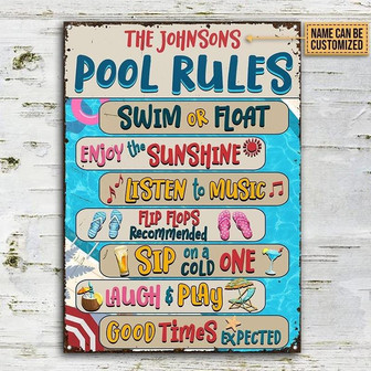 Metal Sign- Swimming Pool Rules Swim Or Float Rectangle Metal Sign Custom Name - Thegiftio