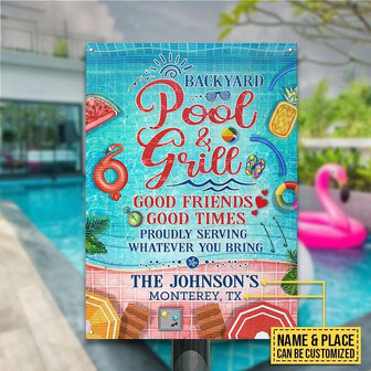 Metal Sign- Swimming Pool Backyard Pool And Grill Rectangle Metal Sign Custom Name Place - Thegiftio UK