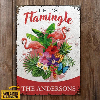 Metal Sign- Tropical Plant Floral Flamingo Let's Flamingle Custom Name Rectangle Metal Sign - Thegiftio